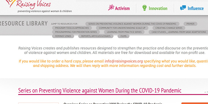 homepage screenshot of raising voices website 2023